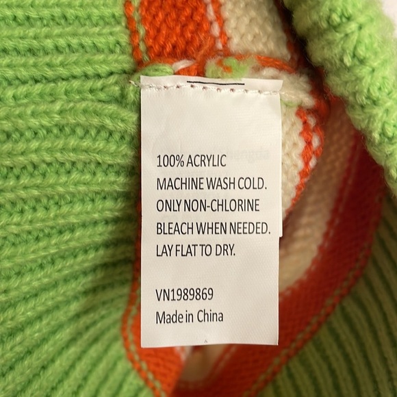 Kids unisex roll down beanie hat stripes w/ Pom Pom orange / cream / green - Picture 6 of 9